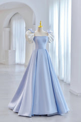 Party Dress New Look, Blue Satin Long A-Line Prom Dress, Lovely Short Sleeve Formal Evening Dress