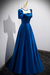 Formal Dresses For Wedding, Blue Satin Long A-Line Prom Dress, Simple Blue Short Sleeve Evening Dress