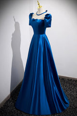 Formal Dress For Wedding, Blue Satin Long A-Line Prom Dress, Simple Blue Short Sleeve Evening Dress
