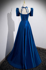 Formal Dressing For Wedding, Blue Satin Long A-Line Prom Dress, Simple Blue Short Sleeve Evening Dress