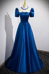 Formal Dress For Weddings, Blue Satin Long A-Line Prom Dress, Simple Blue Short Sleeve Evening Dress