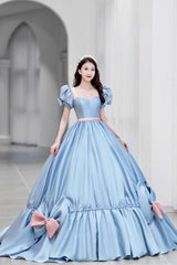 Homecoming Dresses Blue, Blue Satin Long Princess Dress, Cute Short Sleeve Ball Gown Sweet 16 Dress
