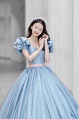 Homecoming Dress 2032, Blue Satin Long Princess Dress, Cute Short Sleeve Ball Gown Sweet 16 Dress
