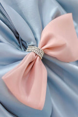 Homecoming Dresses Lace, Blue Satin Long Princess Dress, Cute Short Sleeve Ball Gown Sweet 16 Dress