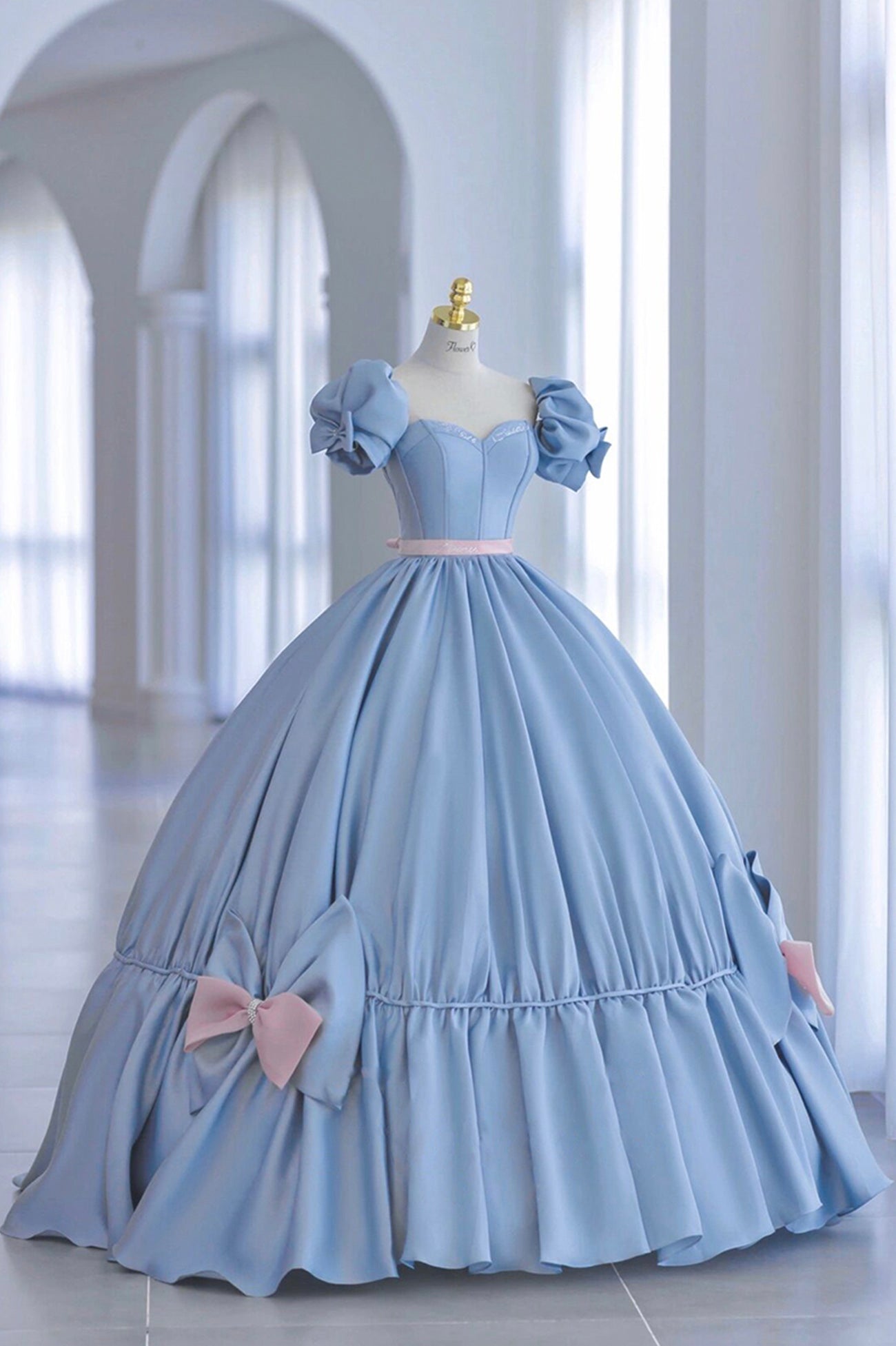 Homecoming Dress Shops Near Me, Blue Satin Long Princess Dress, Cute Short Sleeve Ball Gown Sweet 16 Dress
