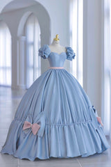 Homecoming Dress Shops Near Me, Blue Satin Long Princess Dress, Cute Short Sleeve Ball Gown Sweet 16 Dress