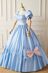 Bridesmaid Dressese Lavender, Blue Satin Long Princess Dress, Lovely Short Sleeve Ball Gown Sweet 16 Dress