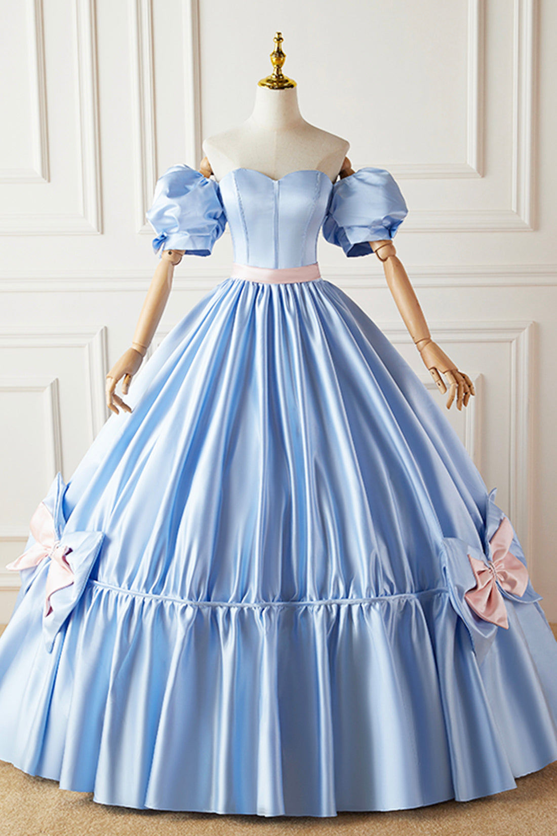 Bridesmaid Dress Floral, Blue Satin Long Princess Dress, Lovely Short Sleeve Ball Gown Sweet 16 Dress