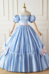 Bridesmaid Dress Floral, Blue Satin Long Princess Dress, Lovely Short Sleeve Ball Gown Sweet 16 Dress