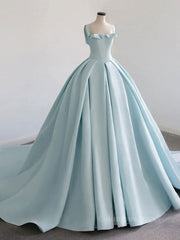 Prom Dresses Brown, Blue Satin Long Prom Dress, Blue Satin Formal Dresses