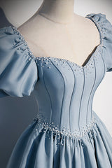 Formal Dresses Lace, Blue Satin Long Prom Dress with Pearls, Blue Short Sleeves A-line Evening Dress
