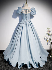 Formal Dresses Gowns, Blue Satin Long Prom Dress with Pearls, Blue Short Sleeves A-line Evening Dress