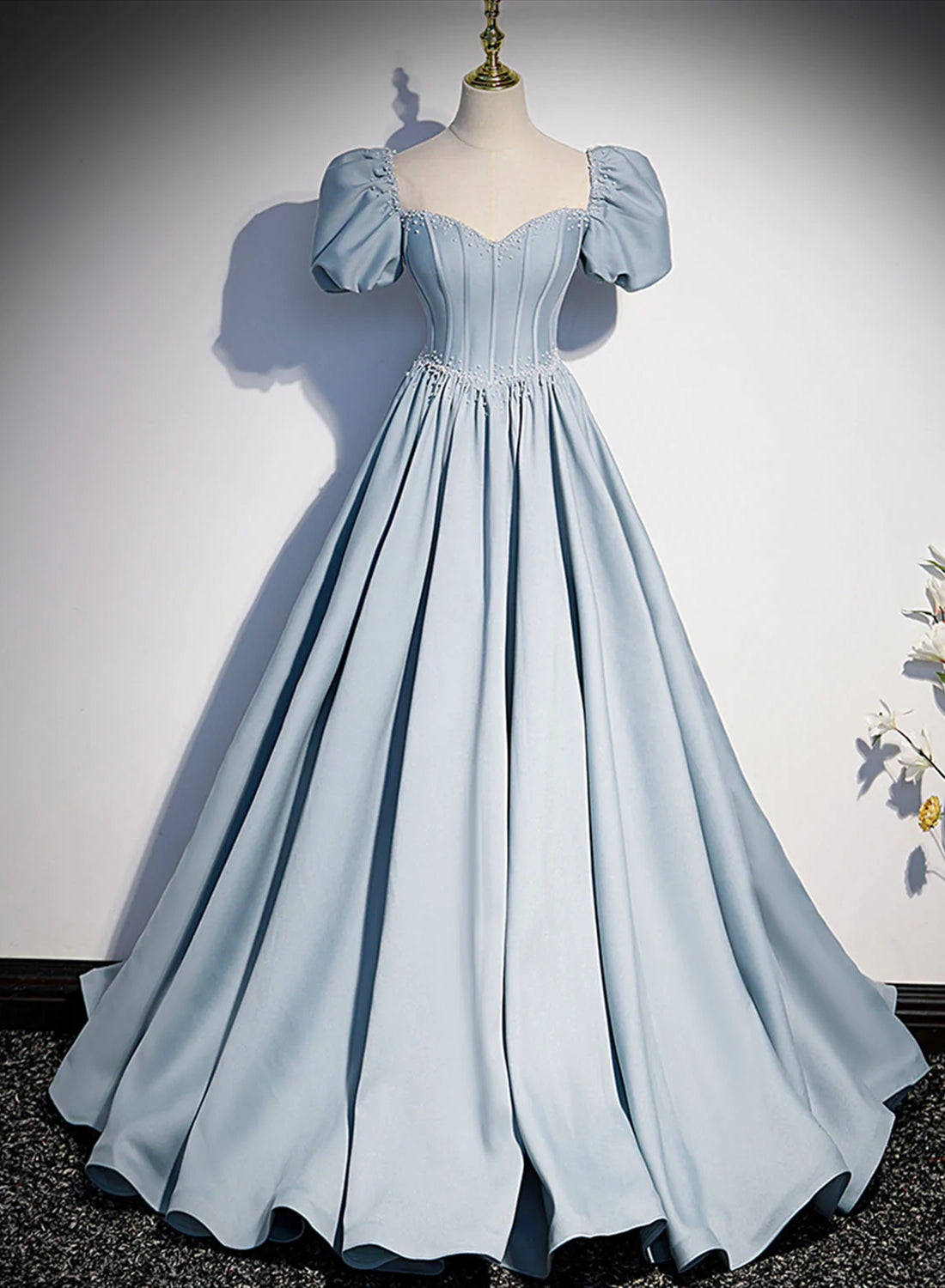 Formal Dress Outfits, Blue Satin Long Prom Dress with Pearls, Blue Short Sleeves A-line Evening Dress