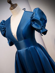 Modest Dress, Blue Satin Long Prom Dress with Short Sleeves, Blue Evening Formal Dress