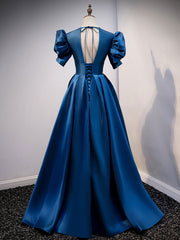 Club Outfit For Women, Blue Satin Long Prom Dress with Short Sleeves, Blue Evening Formal Dress