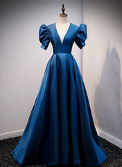 Dress Casual, Blue Satin Long Prom Dress with Short Sleeves, Blue Evening Formal Dress