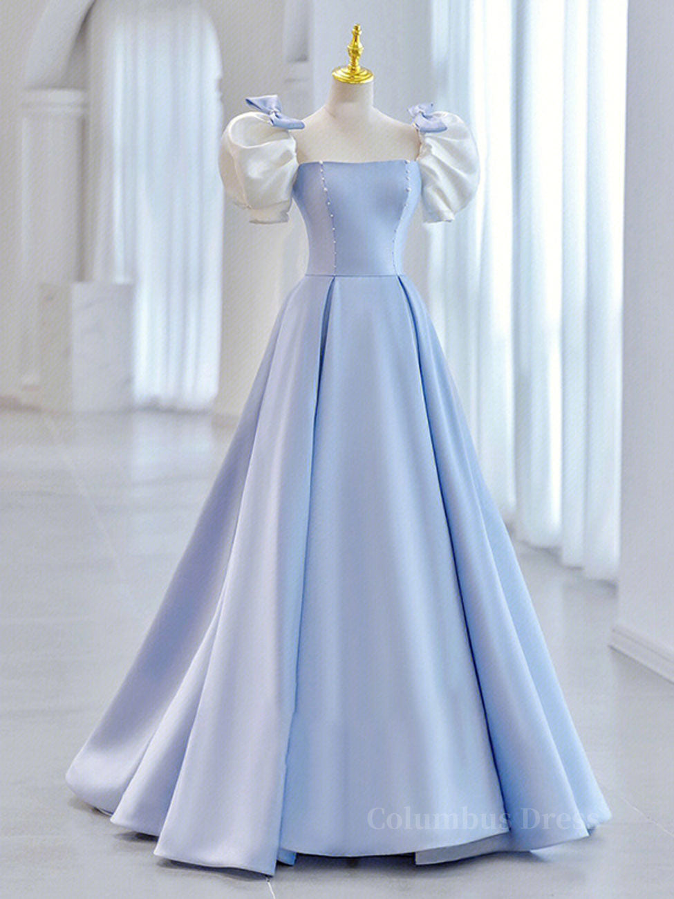 Prom Dresses For Curvy Figures, Blue Satin Long Prom Dresses, Blue Formal Graduation Dresses