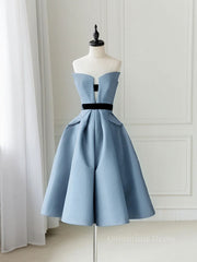 Prom Dresses Spring, Blue satin short prom dress, blue homecoming dress