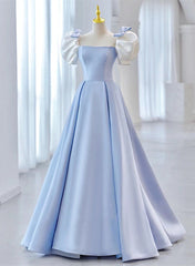 Formal Dressing For Wedding, Blue Satin Short Sleeves with Bow Lace-up Party Dress, Blue Prom Dress