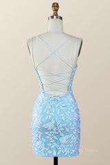 Party Dress Ball, Blue Sequin Bodycon Mini Dress with Straps