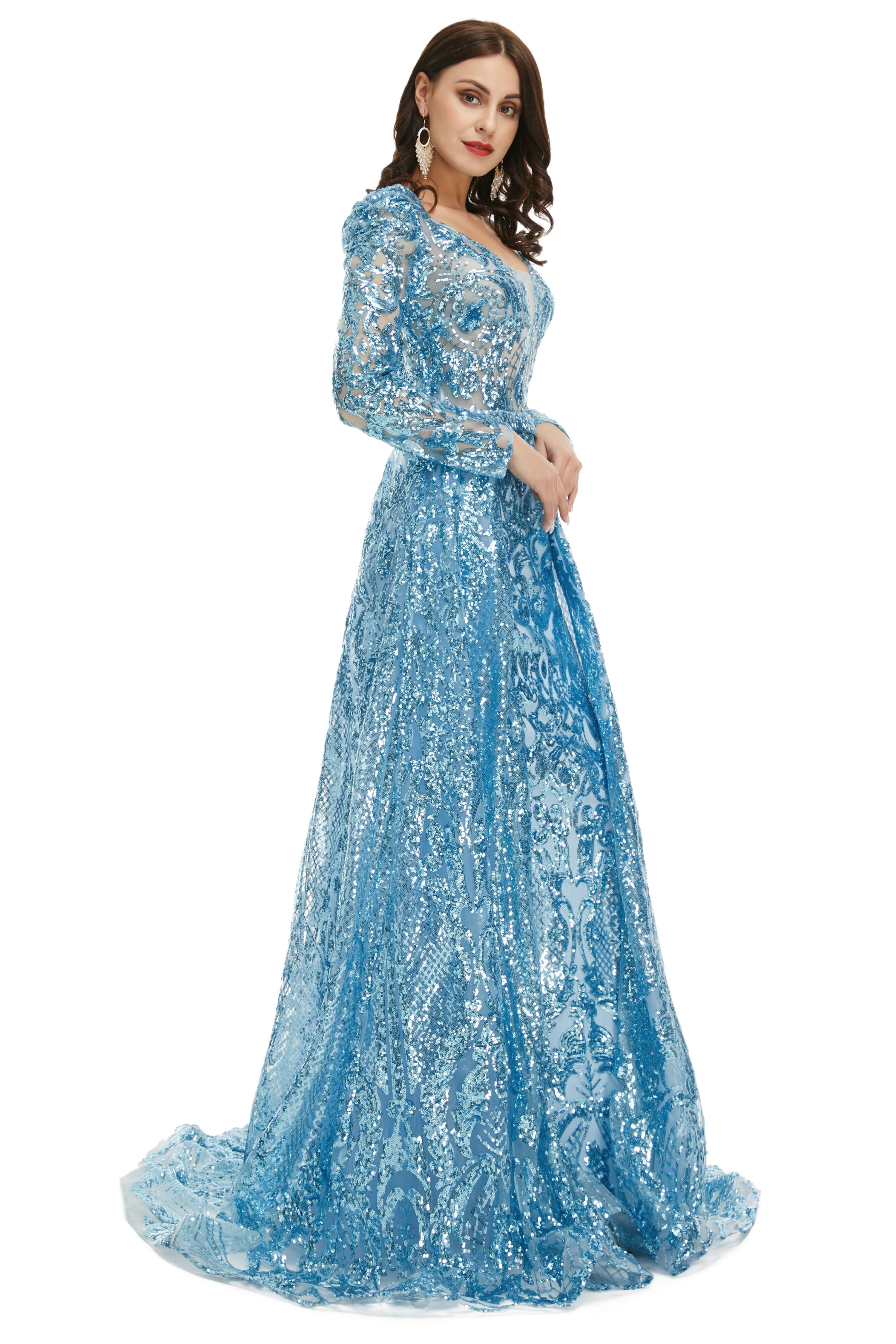 Homecome Dresses Short Prom, Blue Sequin With Detachable Train Long Sleeves Mermaid Evening Dresses