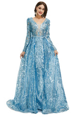 Homecoming Dresses Vintage, Blue Sequin With Detachable Train Long Sleeves Mermaid Evening Dresses