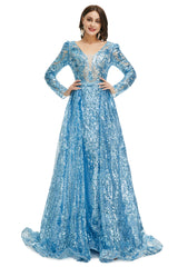 Homecoming Dress Vintage, Blue Sequin With Detachable Train Long Sleeves Mermaid Evening Dresses