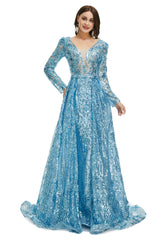 Homecomeing Dresses Vintage, Blue Sequin With Detachable Train Long Sleeves Mermaid Evening Dresses