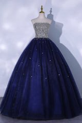 Prom Dresses Black Girl, Blue Sequins and Beaded Ball Gown Tulle Lace-up Formal Dress,Blue Evening Dress Party Dresses