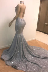 Party Dress Designer, Blue Sequins Backless Long Mermaid Crystal Beaded Prom Dress