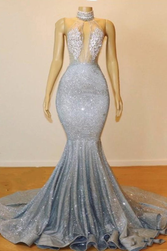 Party Dresses Designer, Blue Sequins Backless Long Mermaid Crystal Beaded Prom Dress