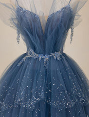 Bridesmaid Dresses Weddings, Blue Shiny Tulle Long Beaded A-line Prom Dress, Blue Floor Length Party Dress