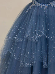 Bridesmaids Dress Inspiration, Blue Shiny Tulle Long Beaded A-line Prom Dress, Blue Floor Length Party Dress