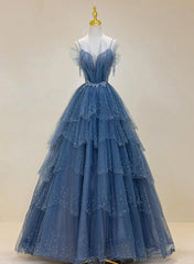 Bridesmaid Dress Wedding, Blue Shiny Tulle Long Beaded A-line Prom Dress, Blue Floor Length Party Dress
