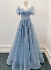 Party Dresses For Short Ladies, Blue Shiny Tulle Short Sleeves Long Formal Dress, Blue A-line Prom Dress