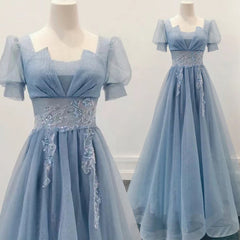 Party Dress Mini, Blue Shiny Tulle Short Sleeves Long Formal Dress, Blue A-line Prom Dress