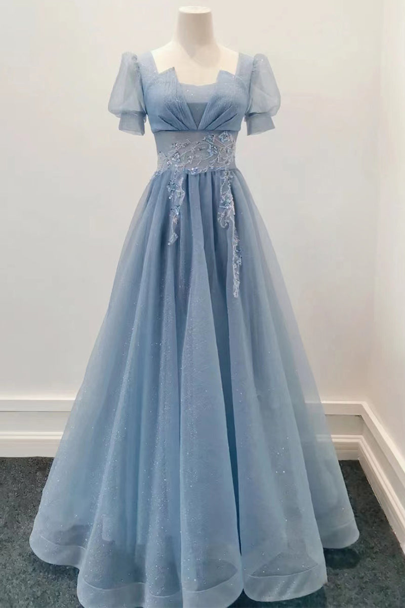 Party Dress Bridal, Blue Shiny Tulle Short Sleeves Long Formal Dress, Blue A-line Prom Dress