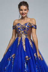 Formal Dresses Truworths, Blue Short Sleeve Off The Shoulder Tulle Sequin Decal Long Prom Dresses