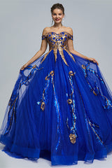Formal Dresses For Weddings Near Me, Blue Short Sleeve Off The Shoulder Tulle Sequin Decal Long Prom Dresses