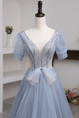 Prom Dresses Country, Blue Short Sleeve Tulle Floor Length Prom Dress with Beaded, Blue A-Line Evening Dress
