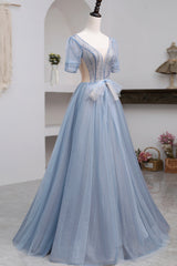 Prom Dress With Tulle, Blue Short Sleeve Tulle Floor Length Prom Dress with Beaded, Blue A-Line Evening Dress