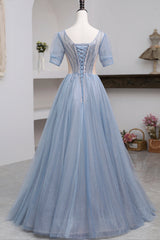 Prom Dresses Champagne, Blue Short Sleeve Tulle Floor Length Prom Dress with Beaded, Blue A-Line Evening Dress