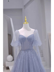 Bridesmaid Dresses Navy Blue, Blue Short Sleeves Tulle Long Sweetheart Party Dress, A-line Blue Prom Dress