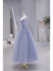 Bridesmaid Dresses 3 11 Length, Blue Short Sleeves Tulle Long Sweetheart Party Dress, A-line Blue Prom Dress