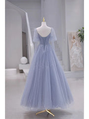 Bridesmaid Dress As Wedding Dress, Blue Short Sleeves Tulle Long Sweetheart Party Dress, A-line Blue Prom Dress