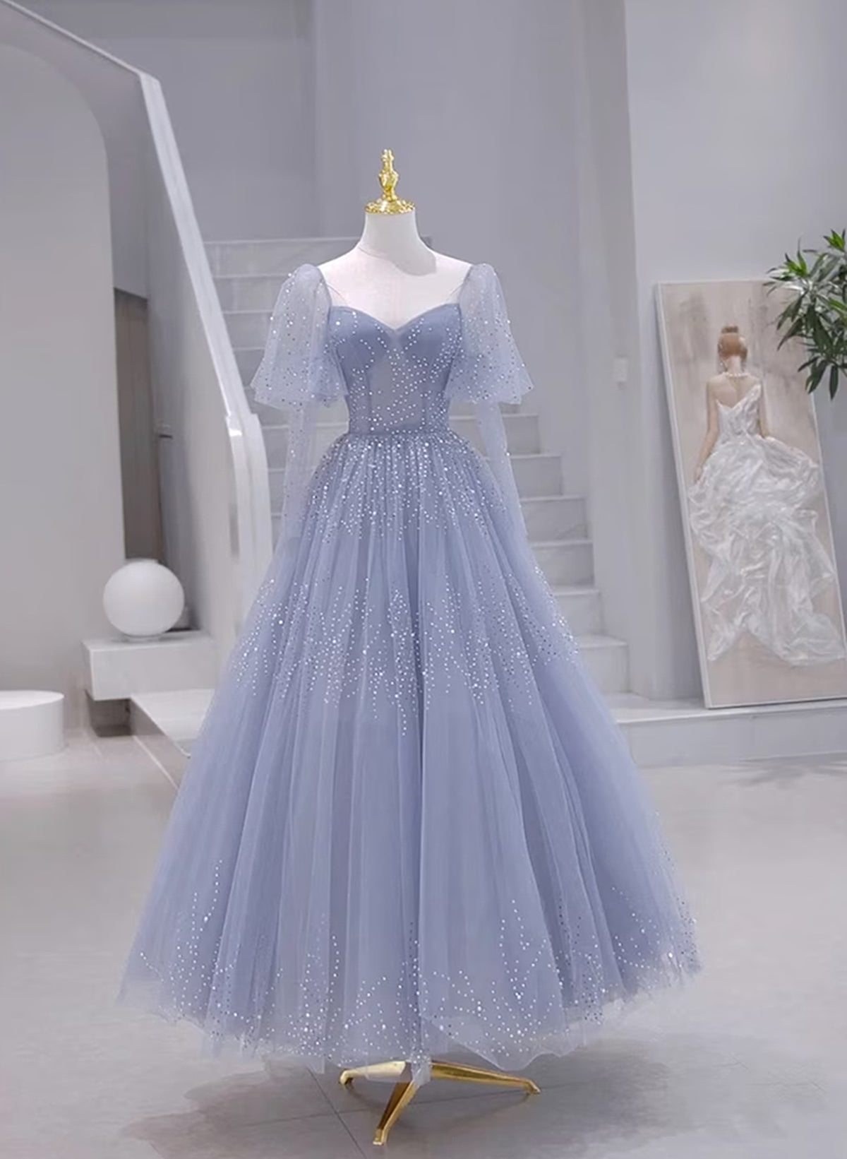 Bridesmaid Dresses Sale, Blue Short Sleeves Tulle Long Sweetheart Party Dress, A-line Blue Prom Dress