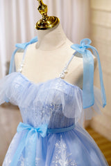 Party Outfit, Blue Spaghetti Strap Lace Short Prom Dress, Lovely A-Line Homecoming Dress