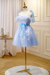 Party Dress For Girl, Blue Spaghetti Strap Lace Short Prom Dress, Lovely A-Line Homecoming Dress