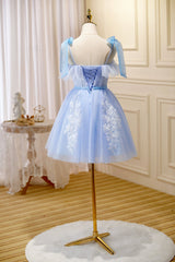 Party Dresses For Girl, Blue Spaghetti Strap Lace Short Prom Dress, Lovely A-Line Homecoming Dress