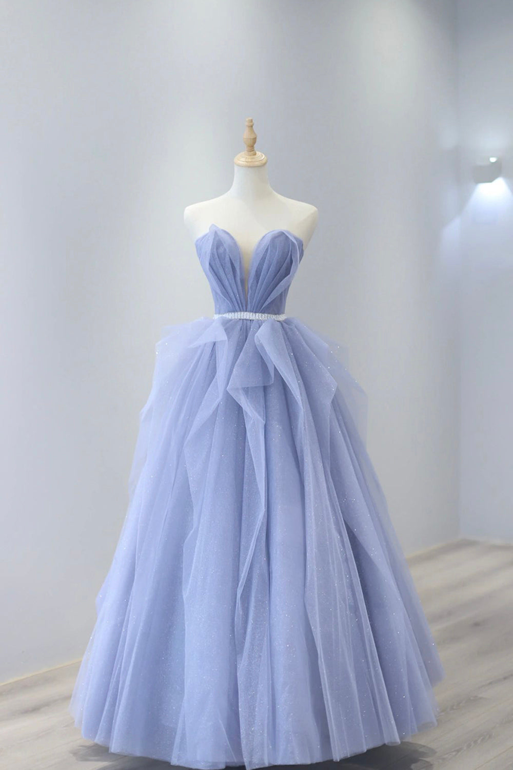 Party Dress On Sale, Blue Strapless Tulle Long Prom Dress, Lovely Sweetheart Neckline Evening Dress